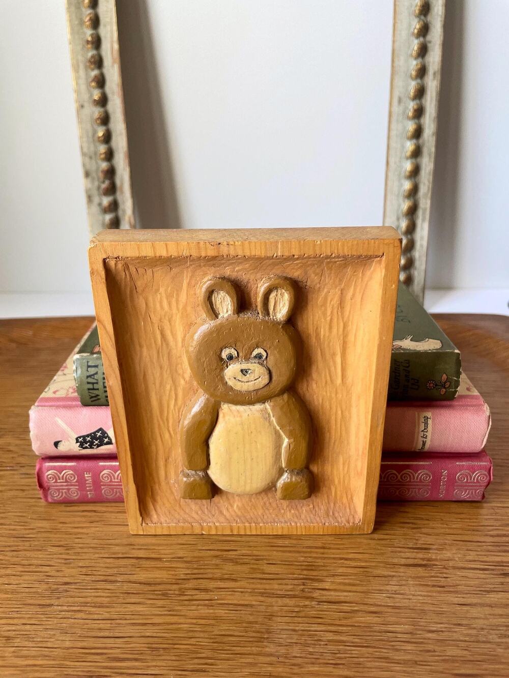 Vintage Hand Carved Wood Bear Plaque Minimalist Folk Art Rustic Wall Hanging
